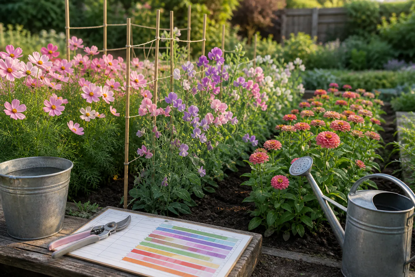 Small cutting-garden bed with cosmos, sweet peas and zinnias beside clean secateurs, bucket and simple sowing calendar