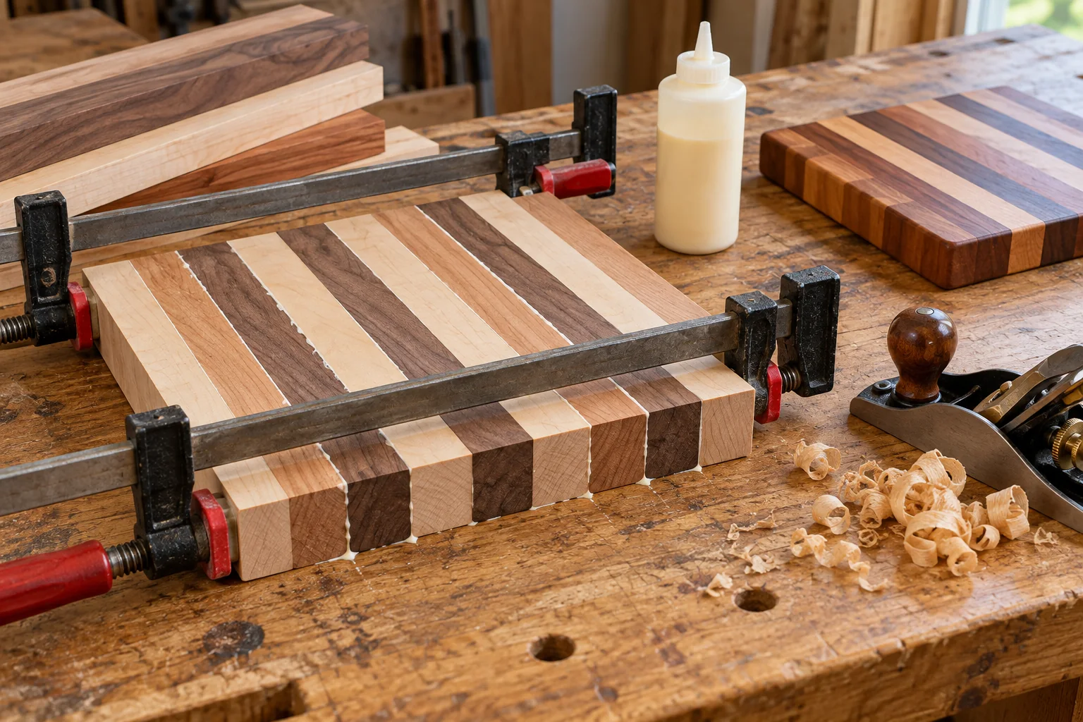 Prepared hardwood strips clamped into a small cutting board on a tidy workbench with hand tools nearby