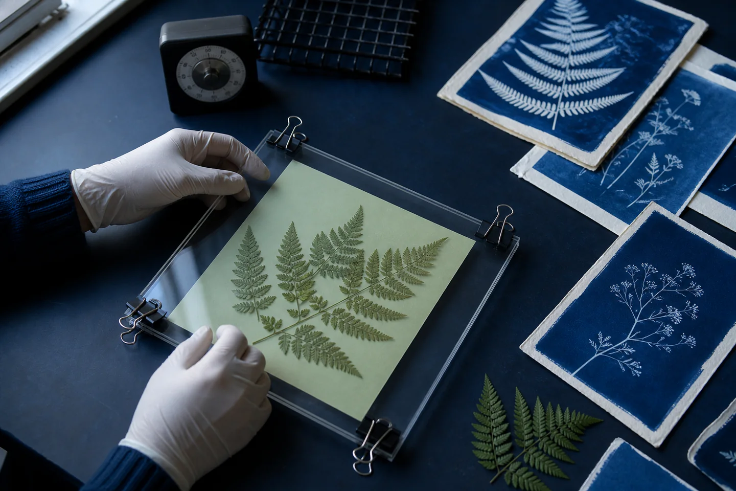 Gloved hands arranging fern leaves under clear acrylic on cyanotype paper beside a timer before outdoor exposure