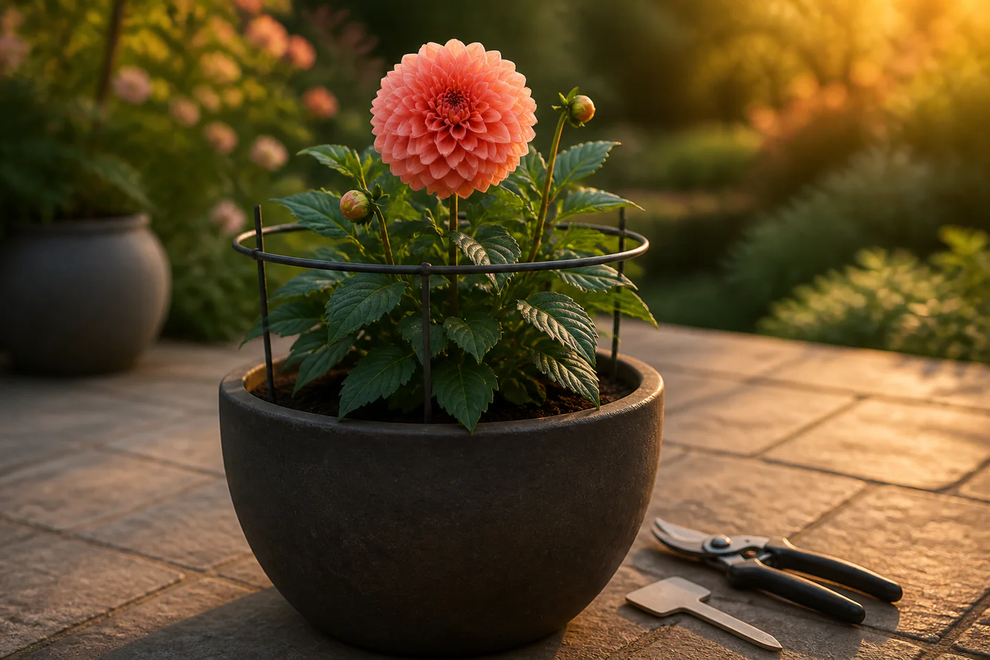 A coral pink dahlia flowering in a large patio pot with a discreet cane, secateurs and plant label nearby, no people, text or logos