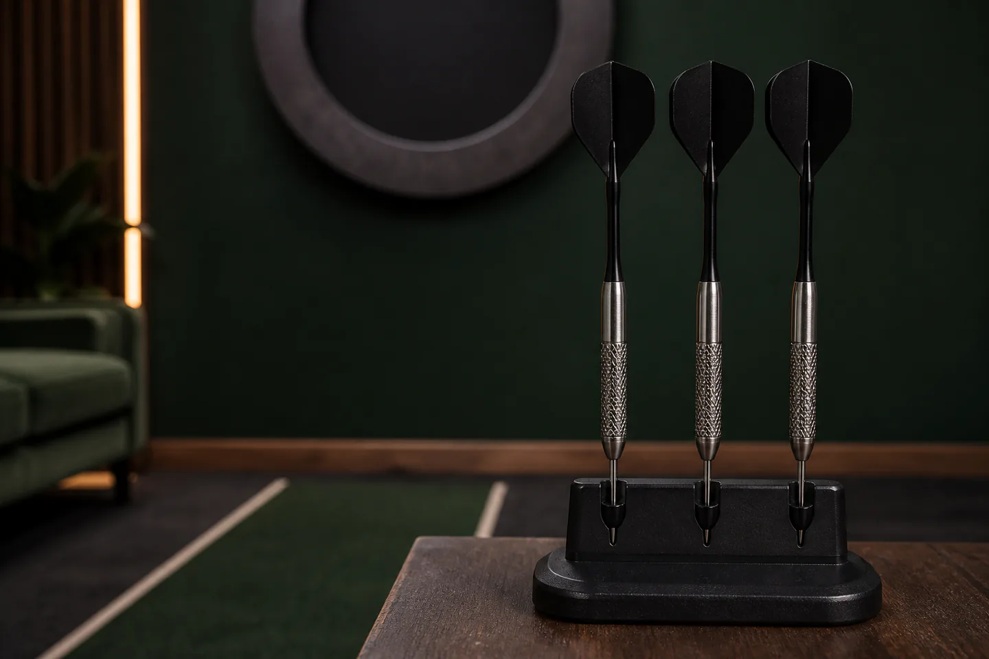 Regulation bristle dartboard with protective surround and three steel-tip darts resting safely in a holder beside marked throw line in a dark games room with no people, logos or text
