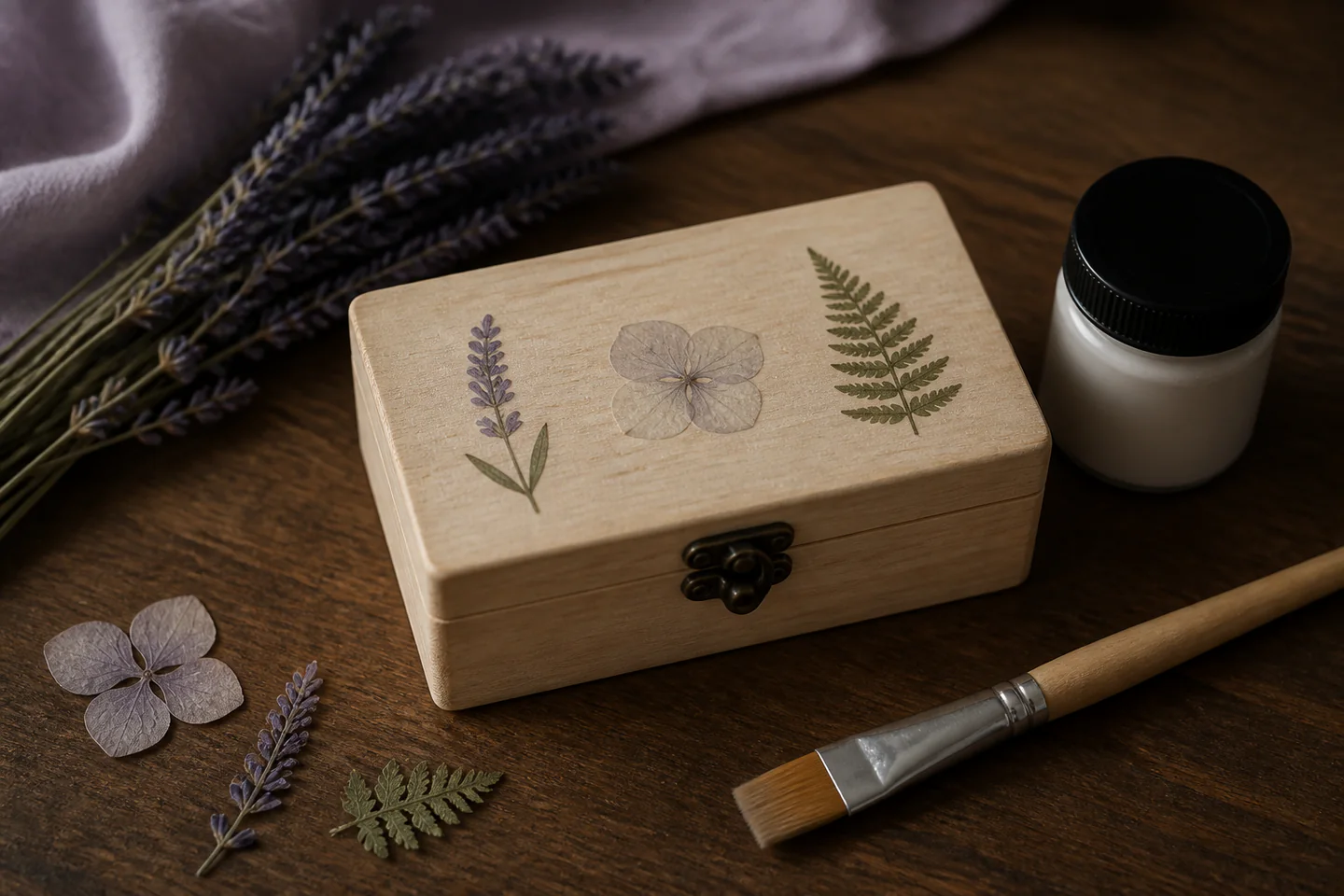 A small wooden box decorated with layered botanical paper beside a soft brush, cut motifs and a jar of craft medium on a dark table, no people, text or logos