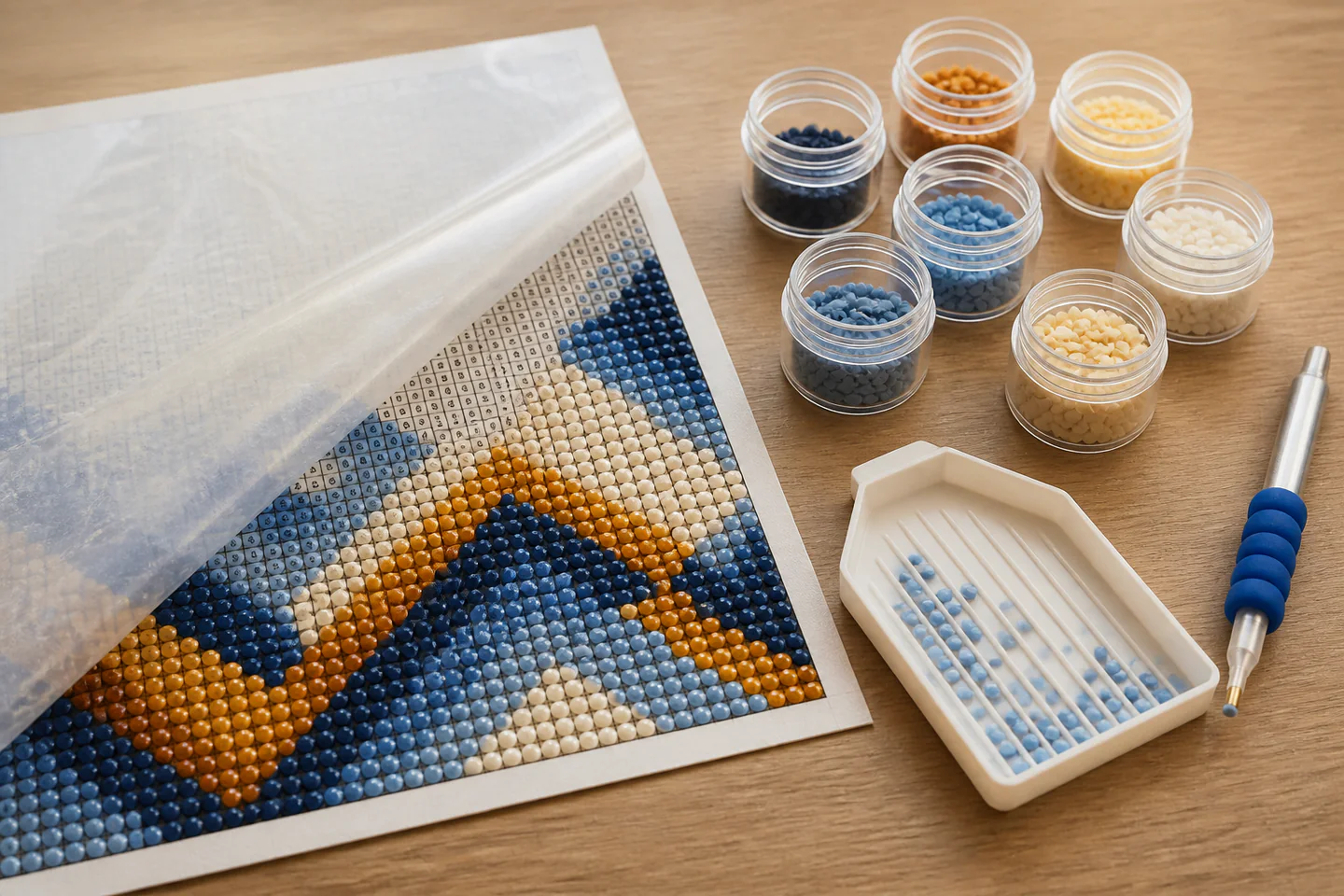 A small partly completed geometric diamond painting with round blue and gold drills, a stylus, tray and labelled pots arranged neatly, no hands, logos or text