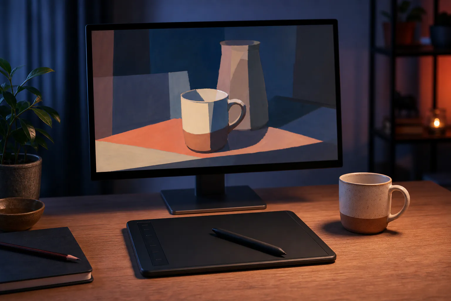Desk with a pen tablet, stylus and monitor showing an unfinished digital still life without visible words