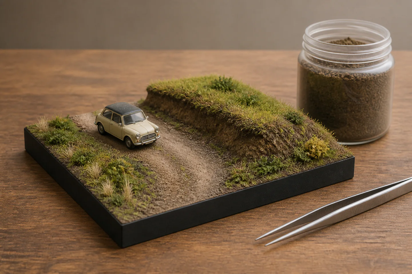 A small landscape diorama base with one model subject, textured earth, grass and a simple backdrop beside modelling tools