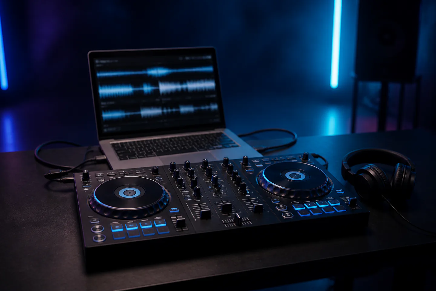 Compact two-deck DJ controller beside closed-back wired headphones and laptop showing generic paired waveforms on a dark desk with magenta practical lighting and no logos, people or readable text