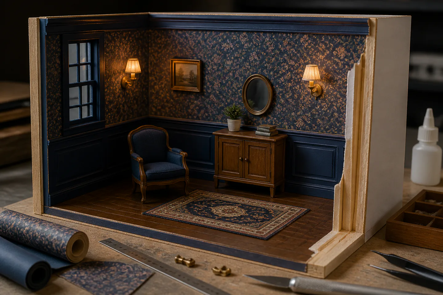 Unoccupied one-twelfth scale dollhouse room with half-finished wallpaper, wood floor, battery lamp and miniature chair beside ruler and tools