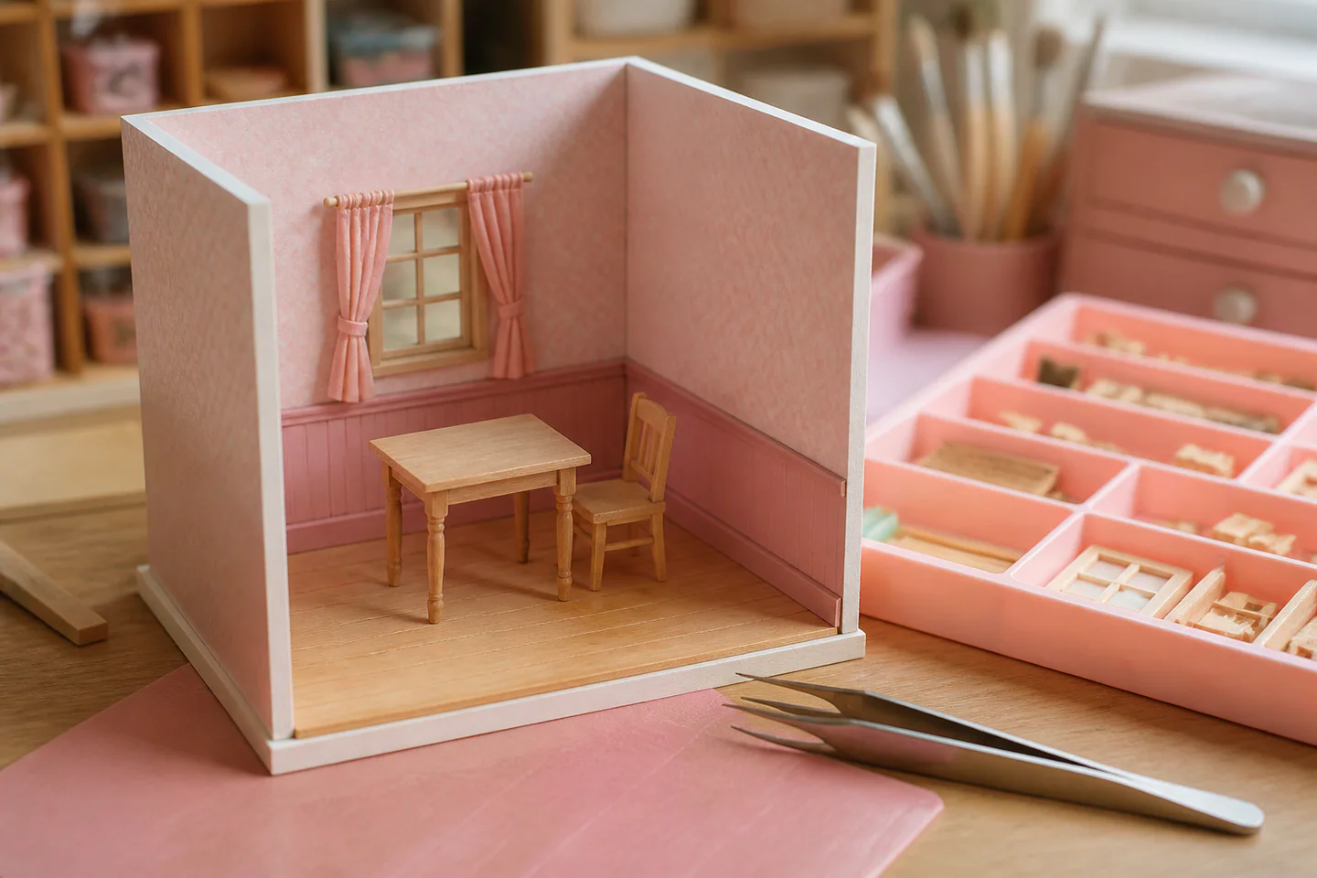A small realistic dollhouse room box under assembly with miniature chair, wall panel, tweezers and craft glue on a dark table