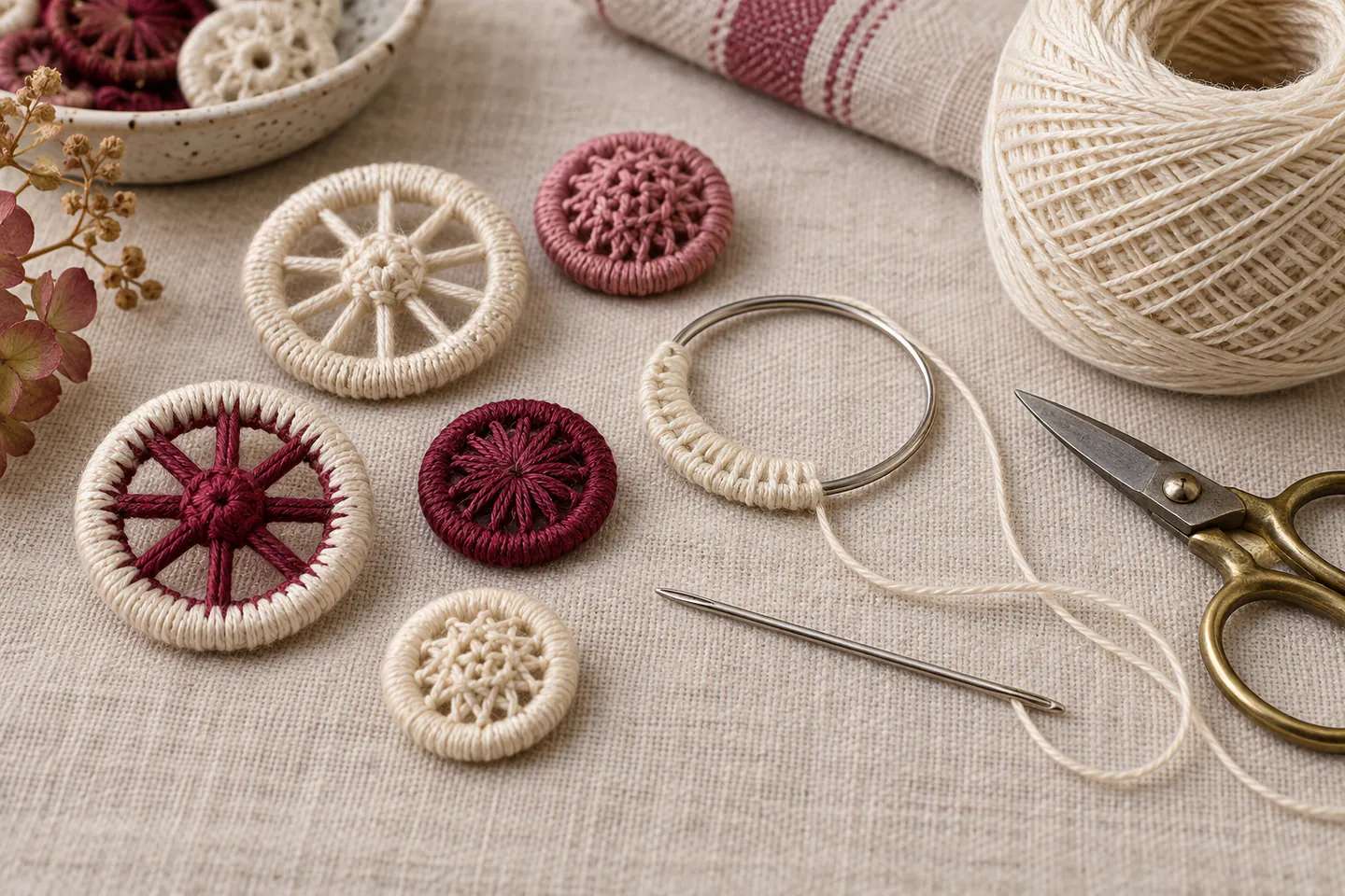 Finished crosswheel and cartwheel thread buttons beside a partly covered ring, blunt needle, cotton thread and small scissors