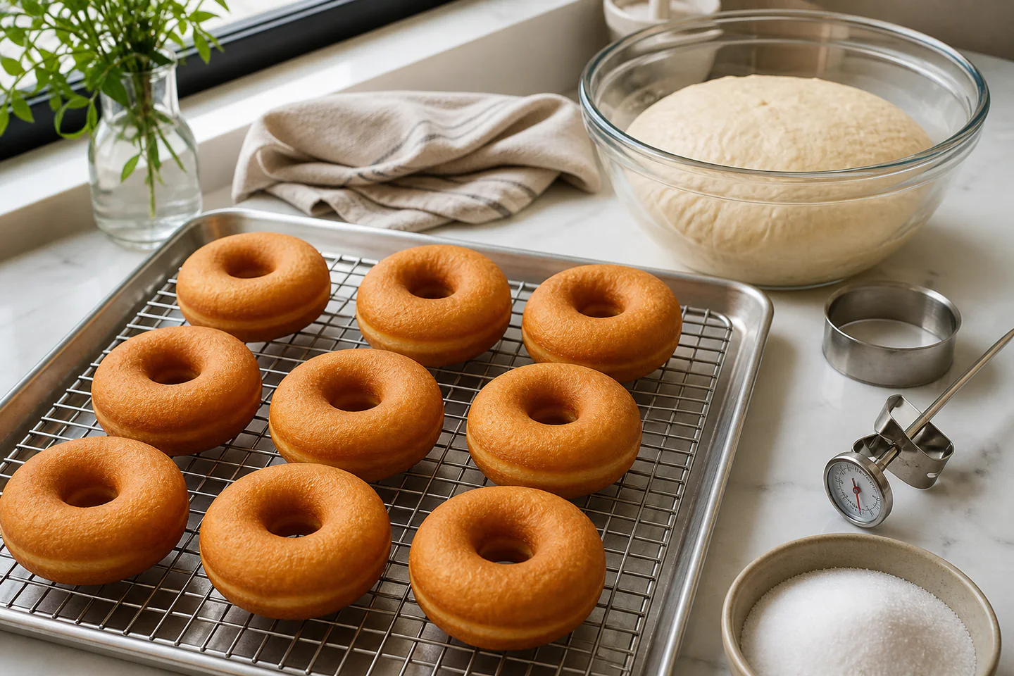 Golden ring doughnuts draining on a wire rack beside risen dough, cutter, thermometer and small bowl of sugar