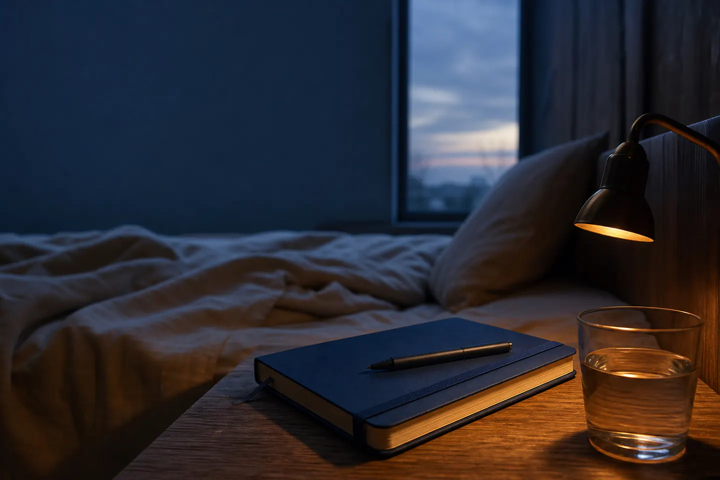 A closed dark-blue notebook and pen beside a dim amber reading light and glass of water before dawn