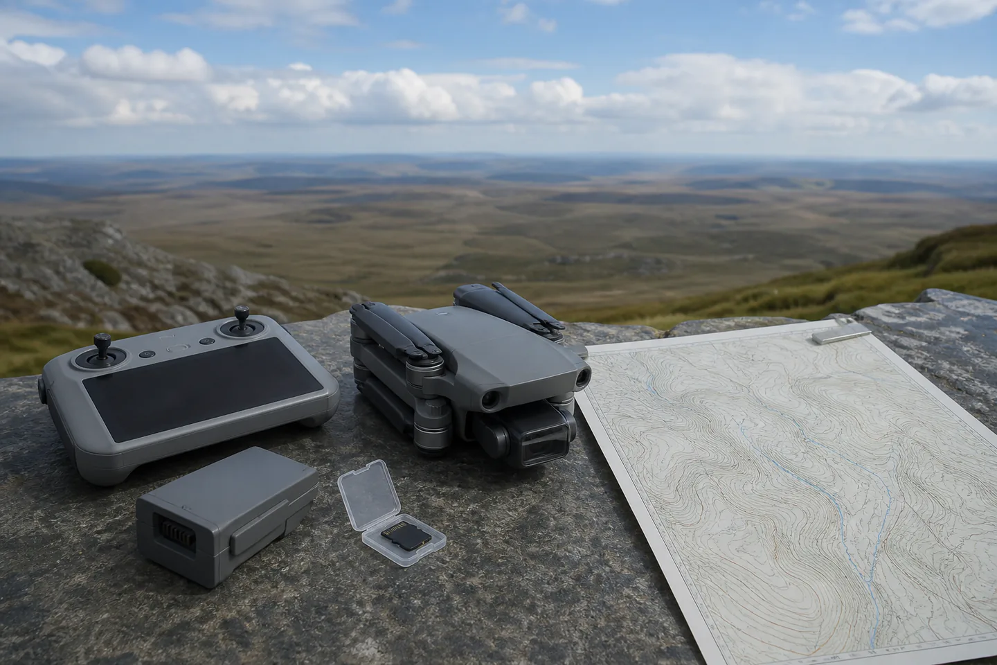 Compact camera drone folded beside controller, microSD card and blank flight-planning map on a clear outdoor table