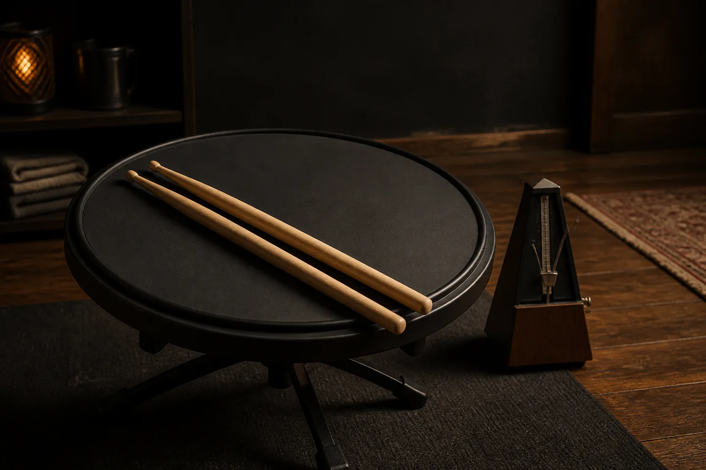 Twelve-inch drum practice pad with pair of natural wood 5A sticks and small metronome on a dark rehearsal table with no drum kit, people, logos or text
