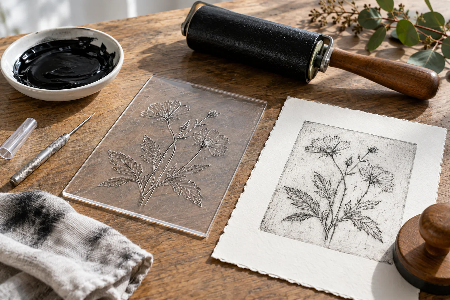 A clear drypoint plate with an incised botanical line beside a capped needle, brayer, black ink, wiping cloth, baren and one print