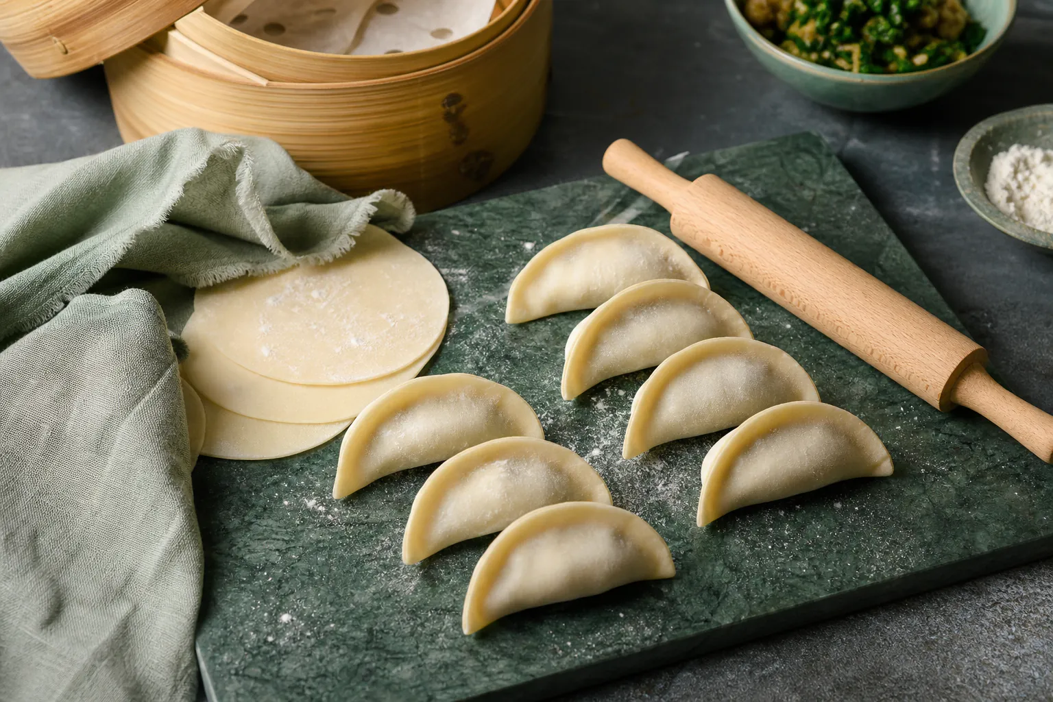 Hands sealing crescent dumplings beside a small rolling pin and bamboo steamer with no text or packaging visible