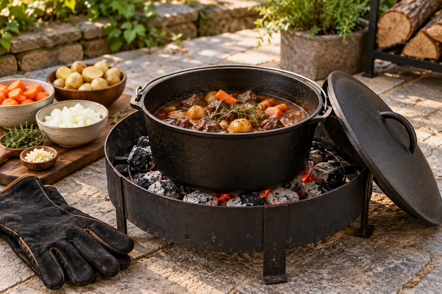Heavy covered cast iron Dutch oven beside a contained outdoor charcoal cooking station with stew ingredients
