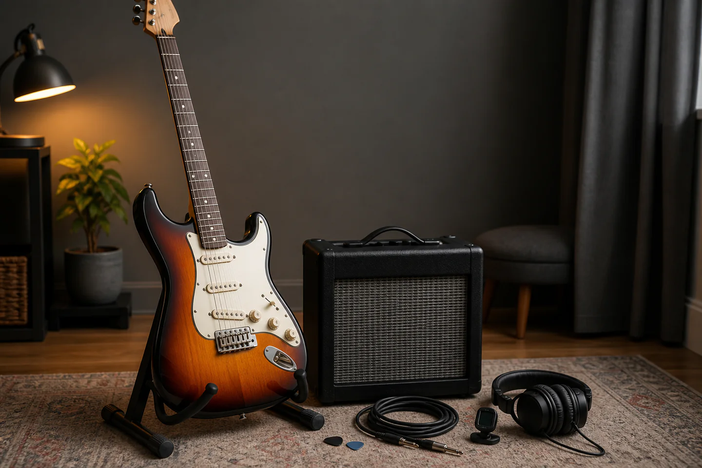 A sunburst electric guitar on a secure stand beside a compact practice amplifier, cable, tuner and headphones in a tidy room, no people, logos or text