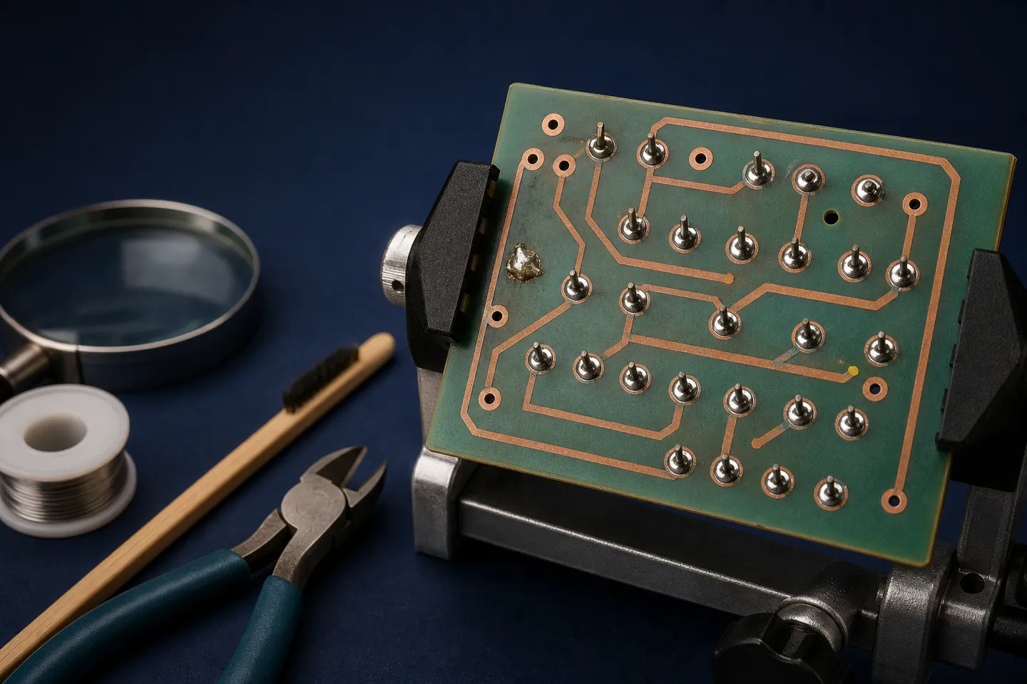 A tidy electronics workbench with a soldering iron in its stand, practice circuit board, resistors and multimeter