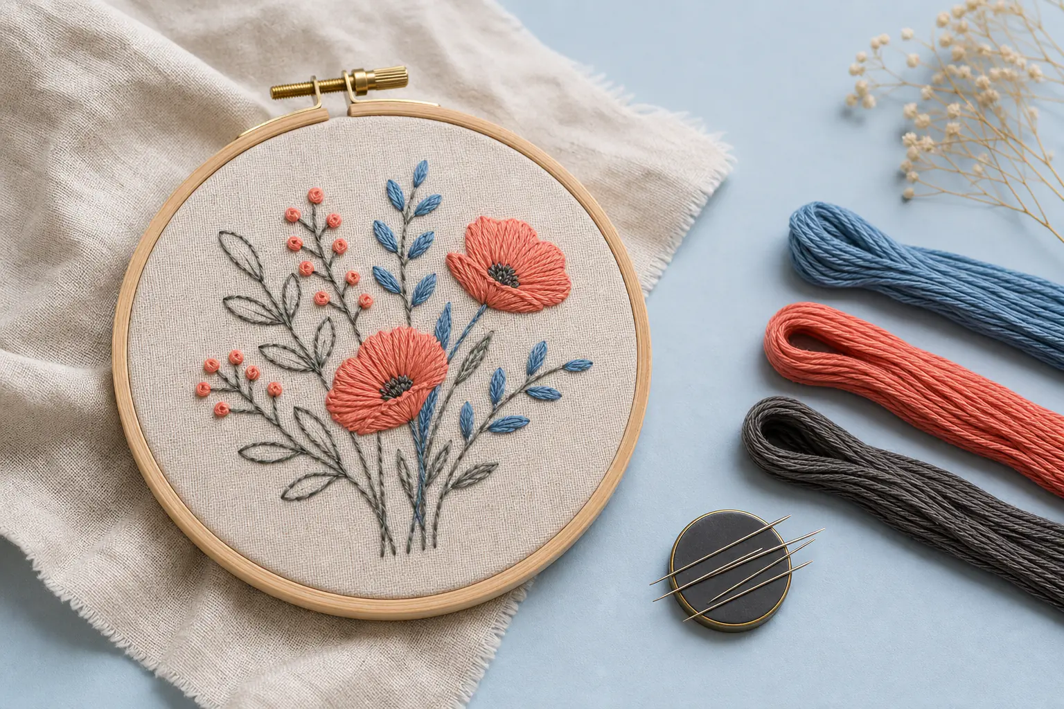 Small embroidery hoop holding a simple botanical design in satin, back and stem stitches beside colourful floss and needles with no text