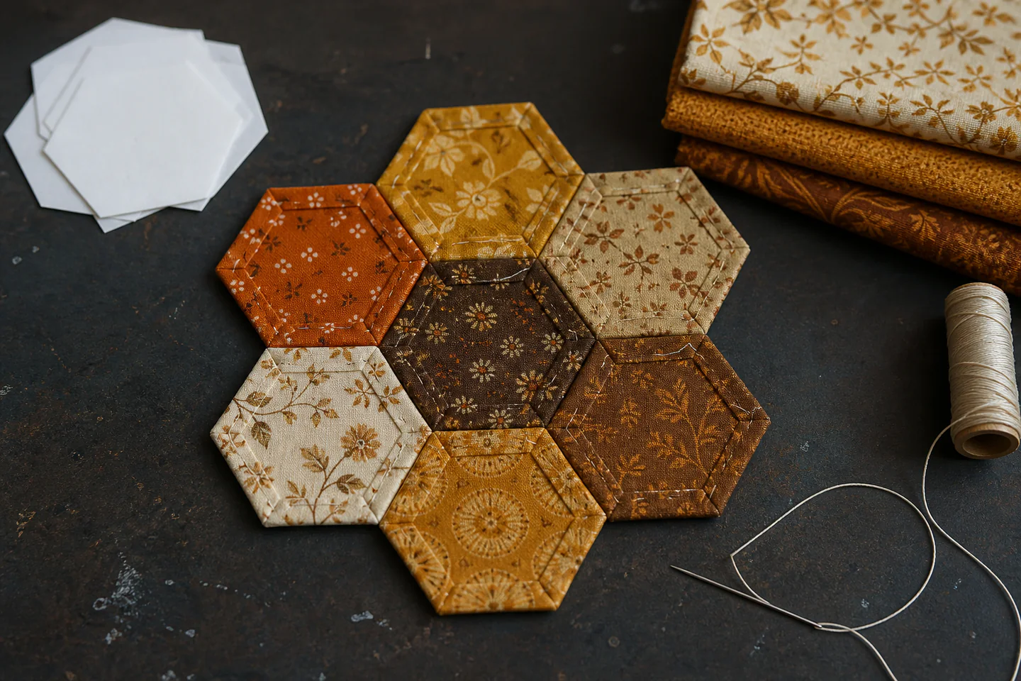 Six patterned fabric hexagons being hand joined around one centre hexagon with paper templates and clips nearby