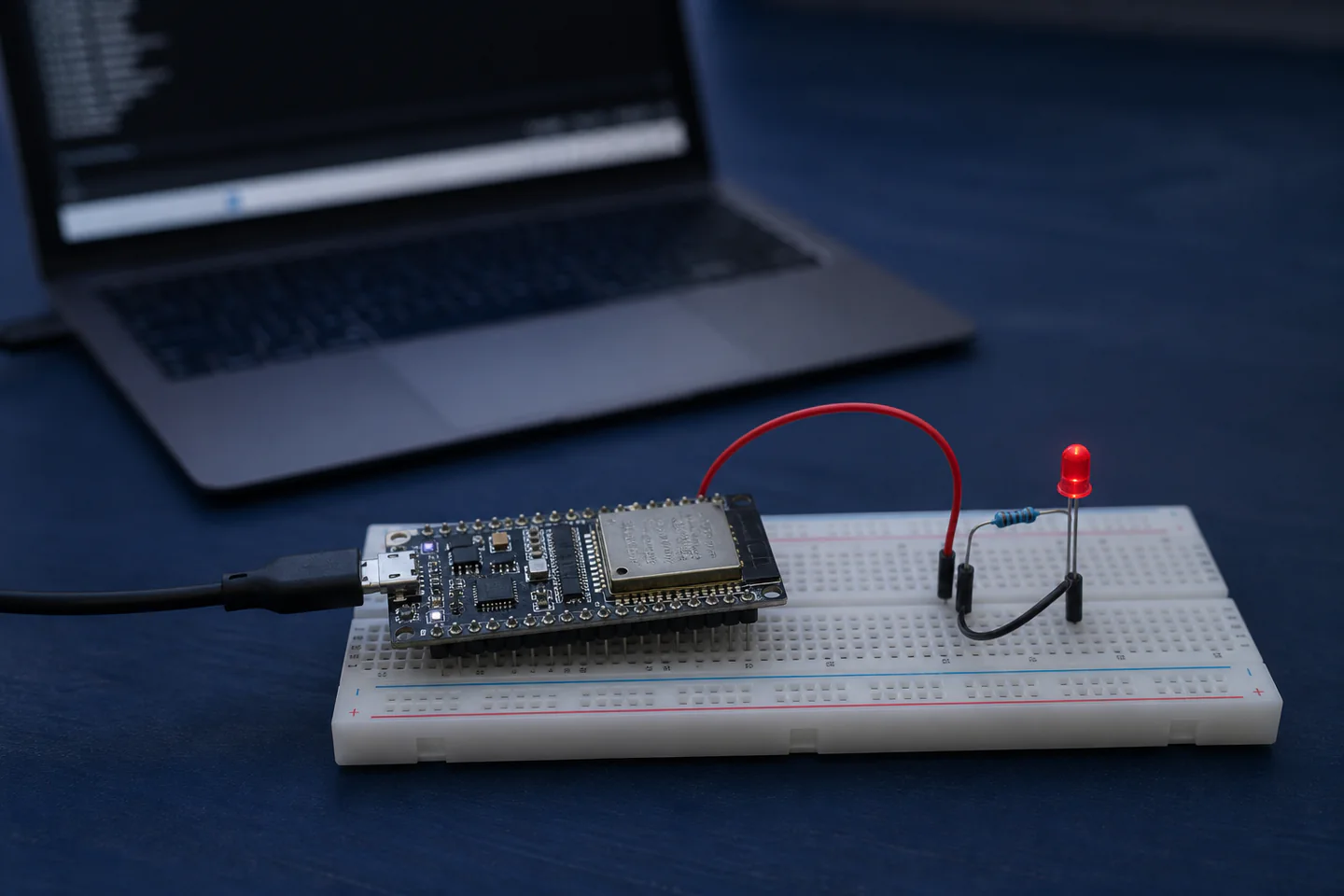 An ESP32 development board on a breadboard connected by USB with one safely wired LED and resistor beside a laptop serial monitor