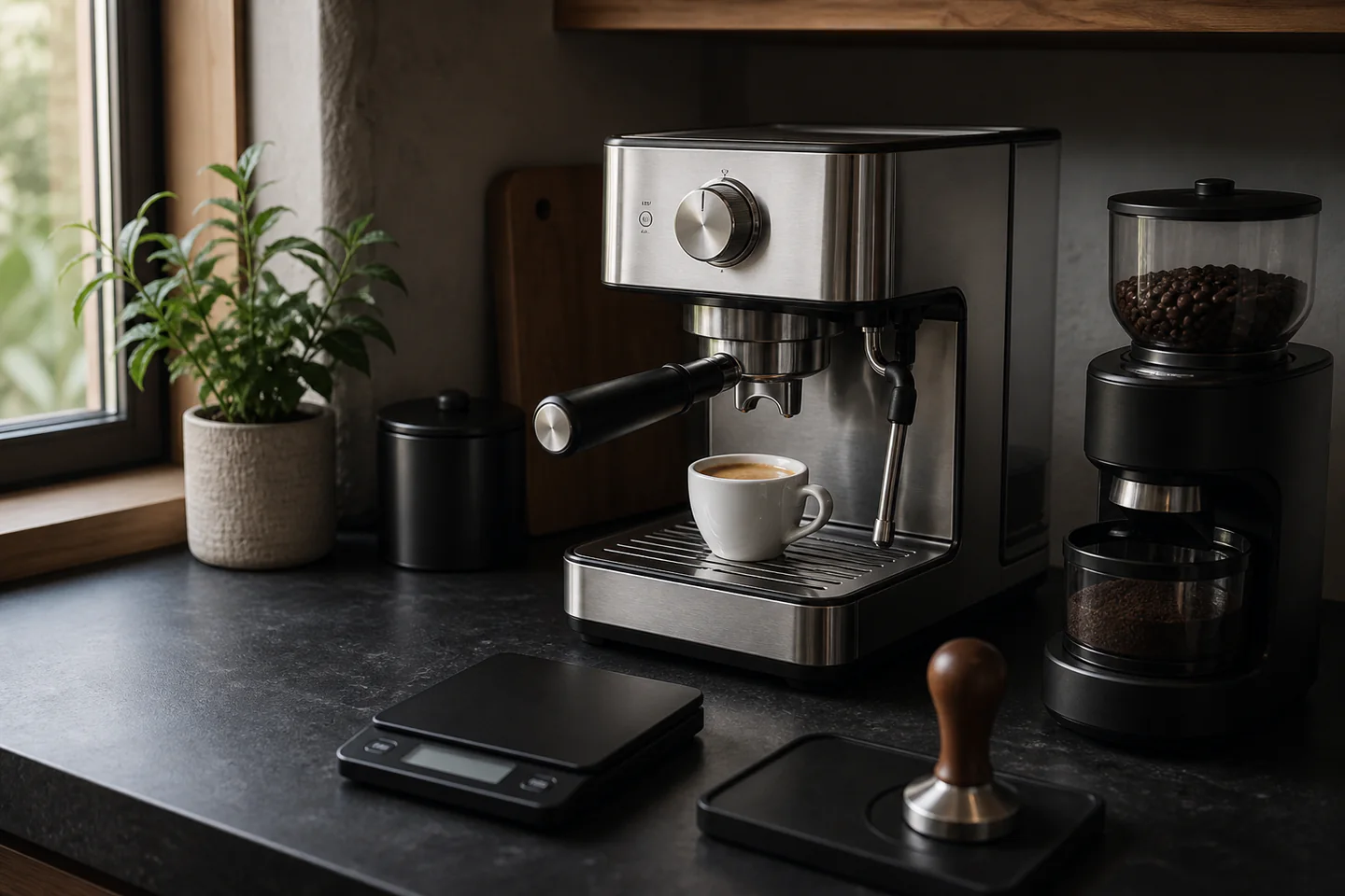 Compact espresso machine beside a bottomless cup, manual grinder, coffee scale and freshly ground beans
