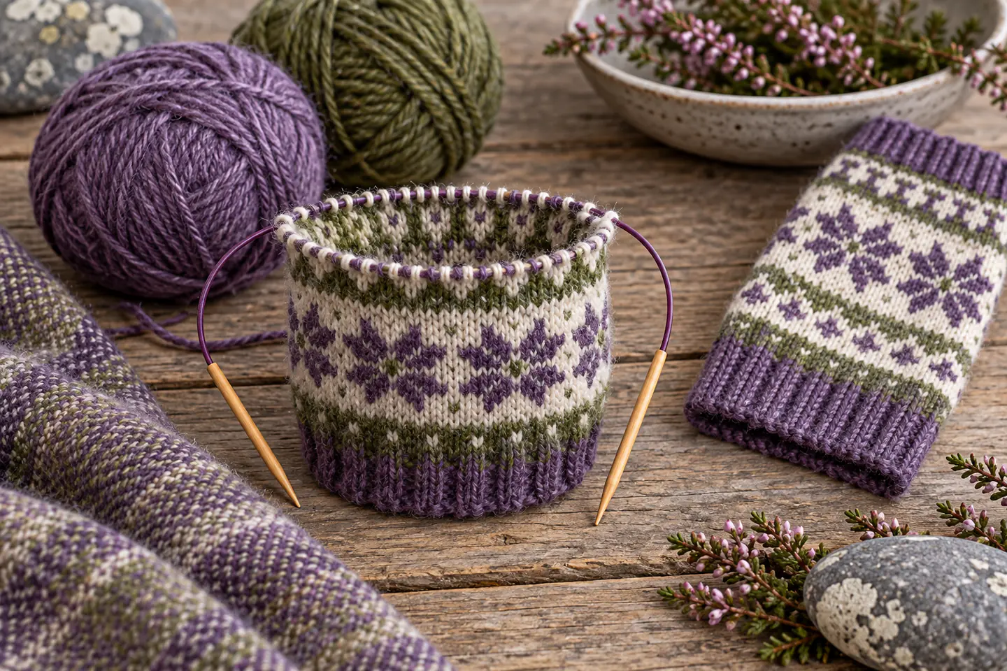 A small circular-knitted wool swatch with two-colour stranded motifs beside short needles, yarn balls and a wrist warmer