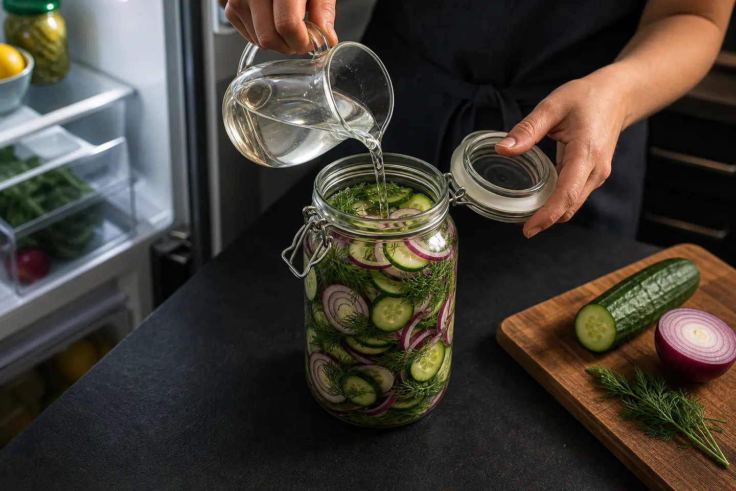 Hands pouring vinegar brine into a one-litre jar of cucumber, red onion and dill beside an open refrigerator