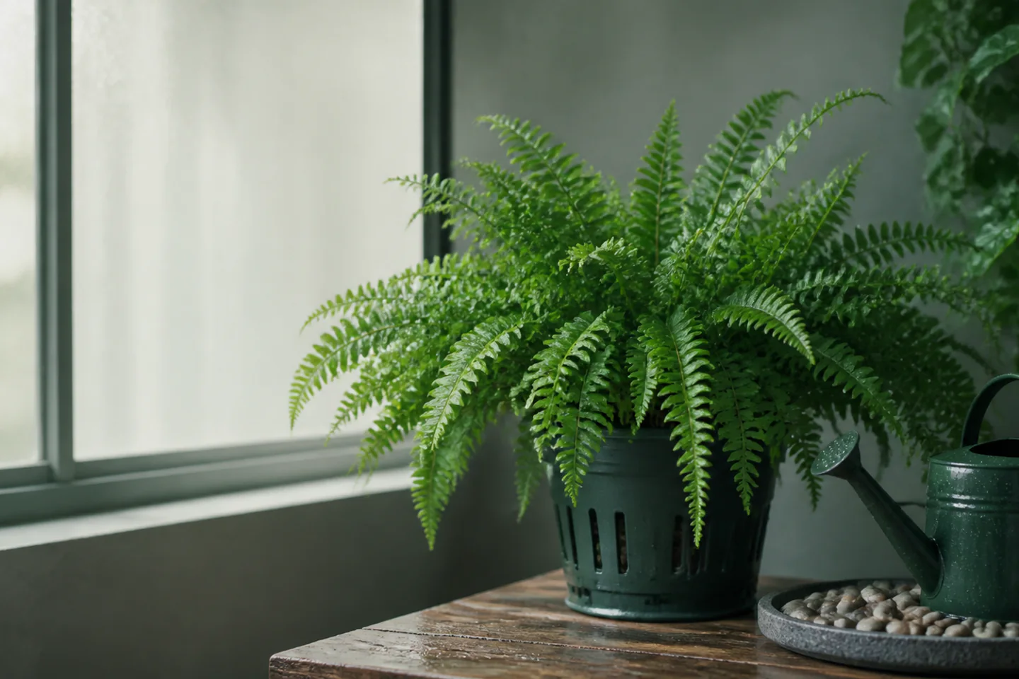 Lush Boston fern in a draining pot beside a small watering can near a filtered window