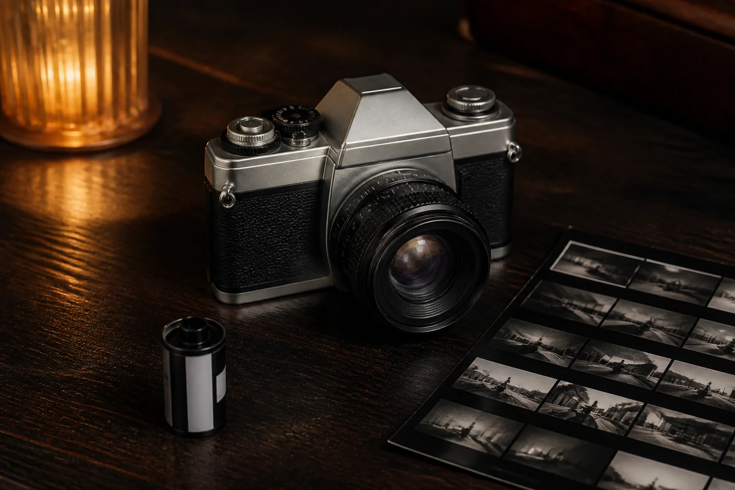 A simple 35 mm film camera, one black and white film canister and a contact sheet on a dark wooden table, no people, text or logos