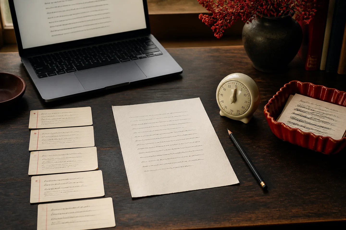 Writing desk with a compact unreadable draft page, laptop, pencil, timer, index cards and a tray of crossed-out fragments