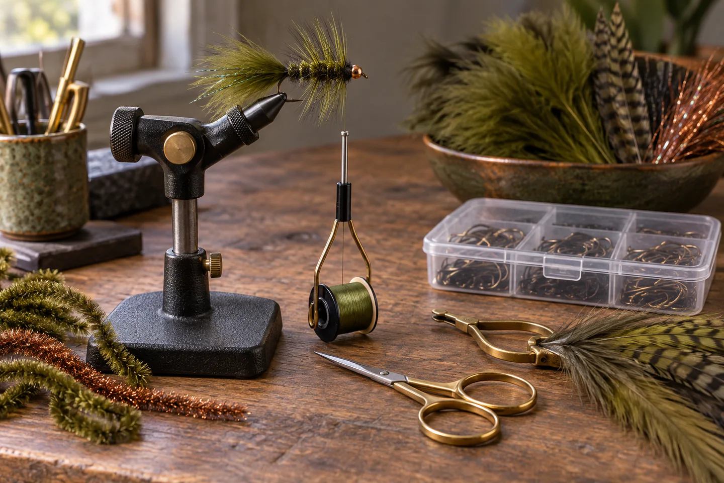 A compact fly-tying vise holding a simple practice fly beside bobbin, fine scissors, hackle pliers, thread, hooks and restrained materials