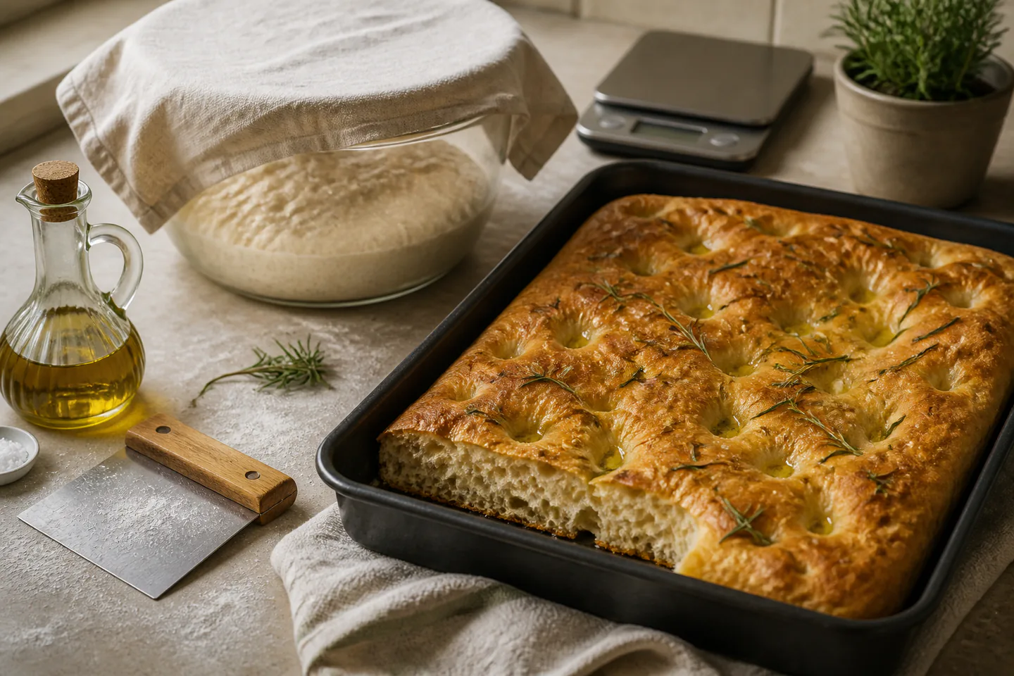 Dimpled rosemary focaccia in a metal tray beside a covered bowl of fermented high-hydration dough, scraper, scale and olive oil