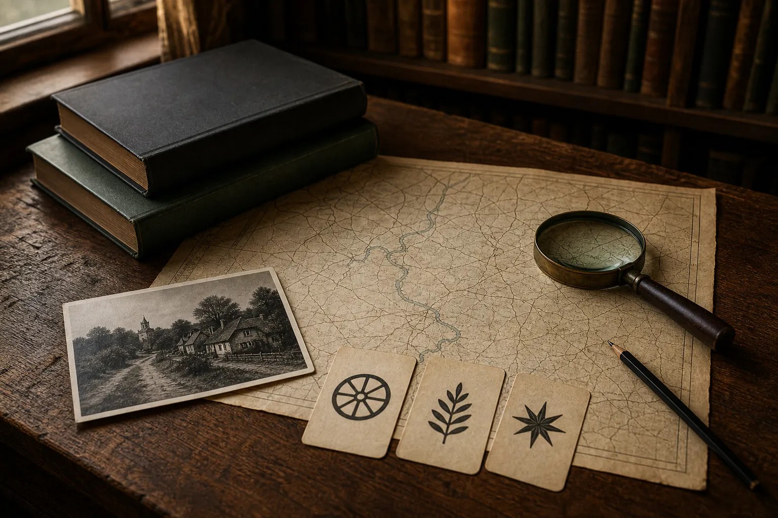 Old map, archival photograph, notebook and open folklore books arranged for research without readable text