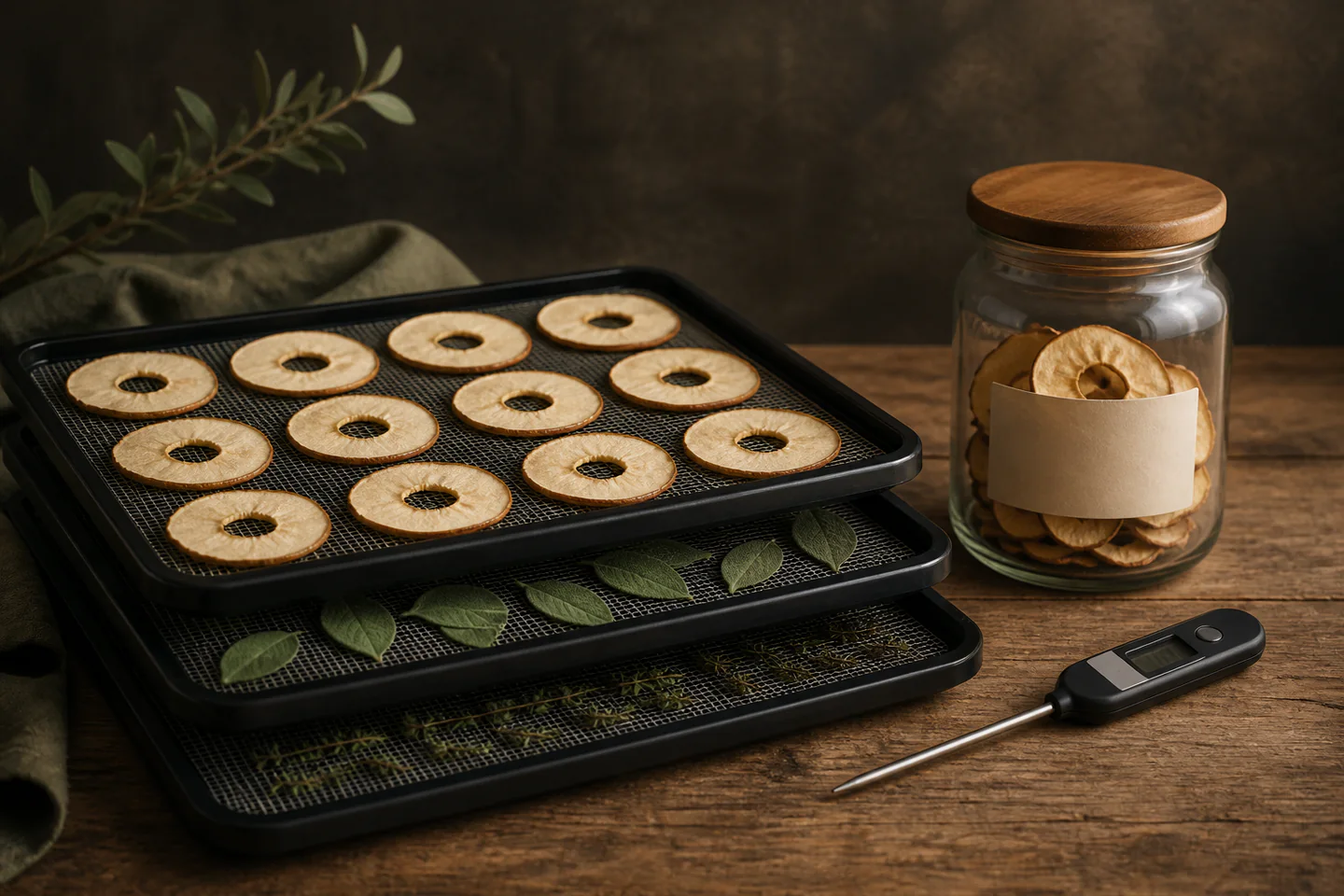 Thin dried apple rings and herb leaves arranged on food-dehydrator trays beside a probe thermometer and labelled jar, no people, text or logos