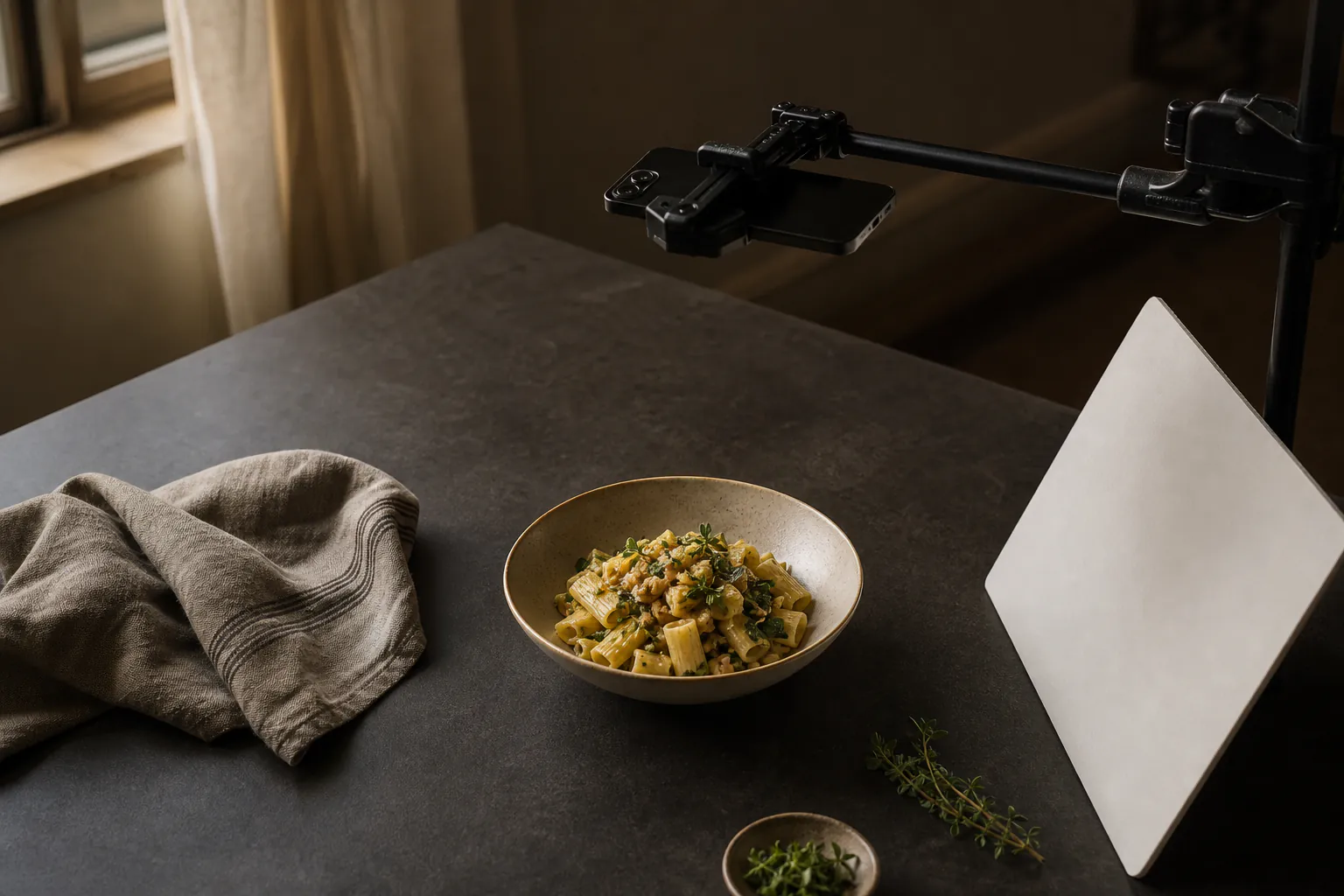 Simple bowl of pasta on a dark table beside a smartphone, white reflector card and folded linen in soft window light with no text