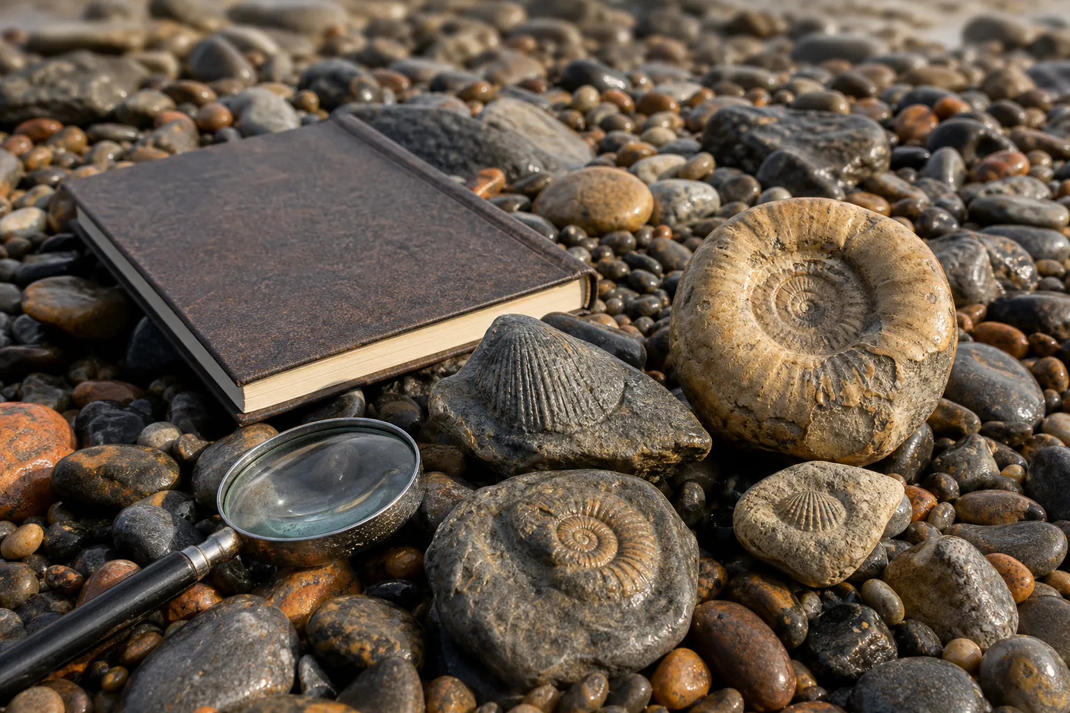 Ammonite and belemnite fragments on loose beach shingle beside a field guide, hand lens and location notebook