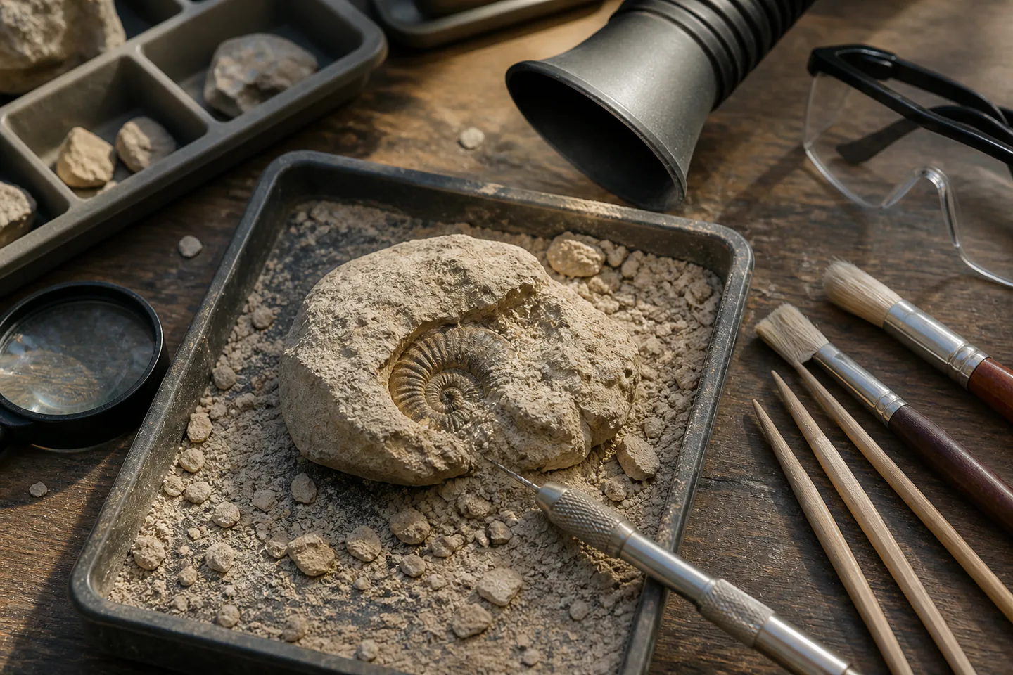 Small common fossil partly exposed in a shallow matrix tray beside a pin vice, soft brushes, wooden picks, magnifier, extraction nozzle and safety glasses