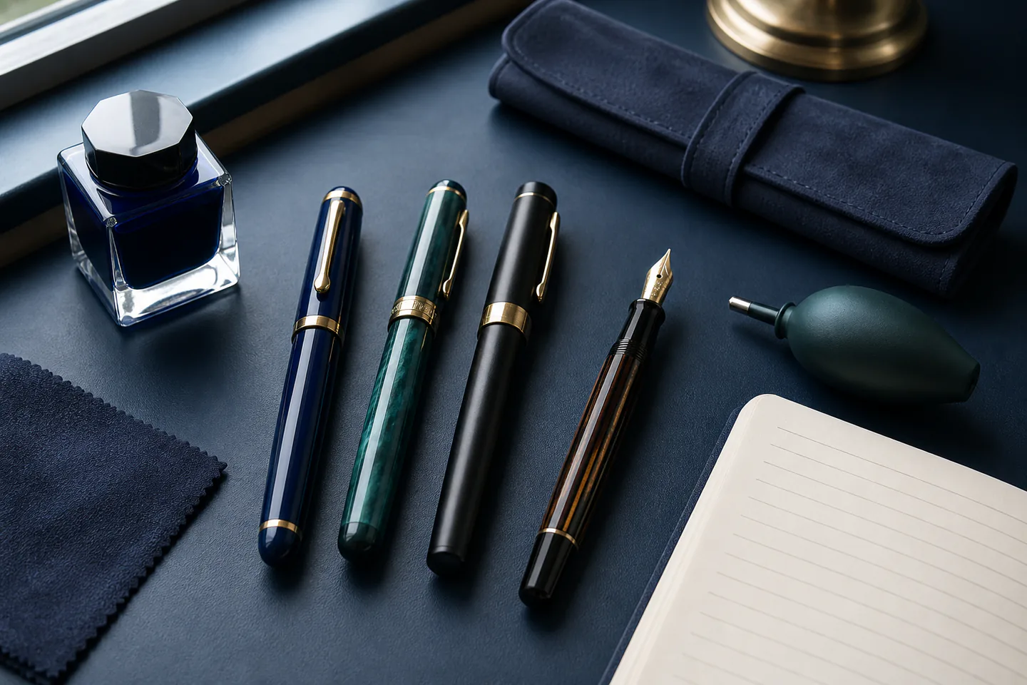 Three capped fountain pens of different nib sizes beside bottled blue ink, cleaning bulb, pen case and a blank collection log