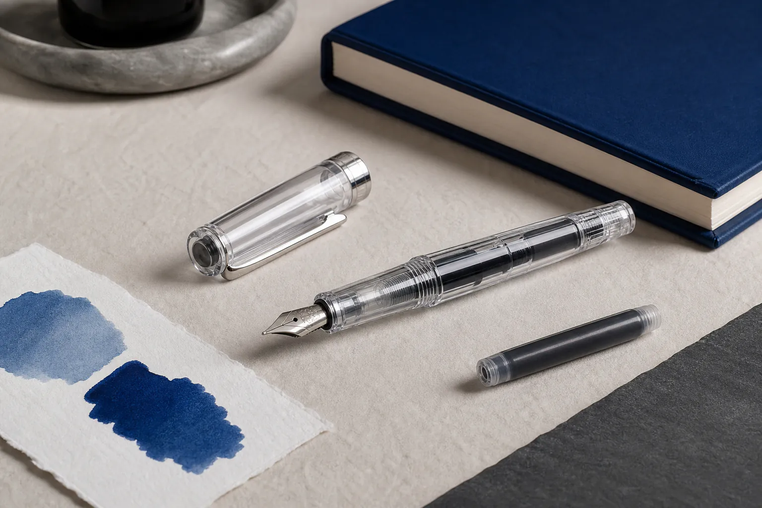 Clear fountain pen resting beside a page of ordinary handwriting, one ink cartridge and a folded cleaning cloth