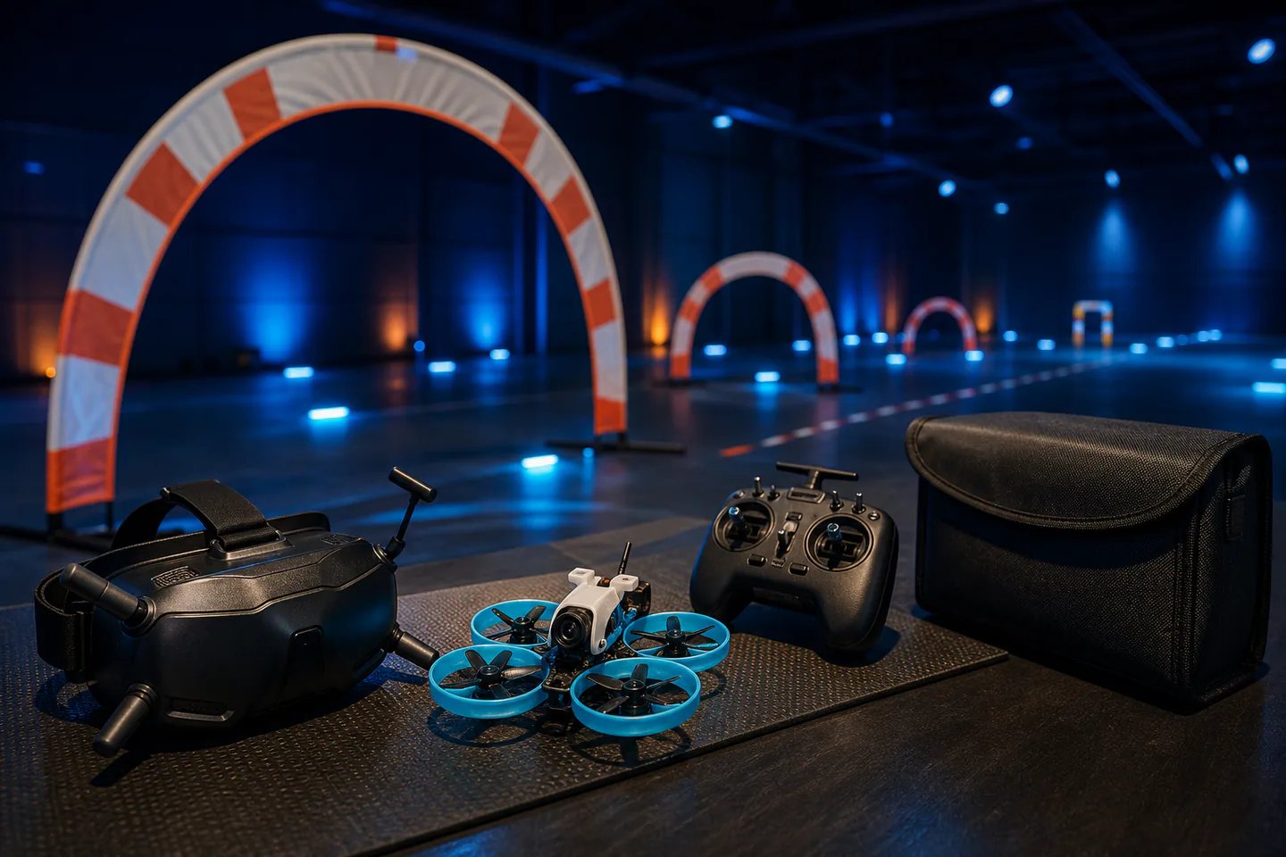 Small ducted FPV racing drone beside goggles, radio controller, batteries and fabric practice gates in an empty marked flying area