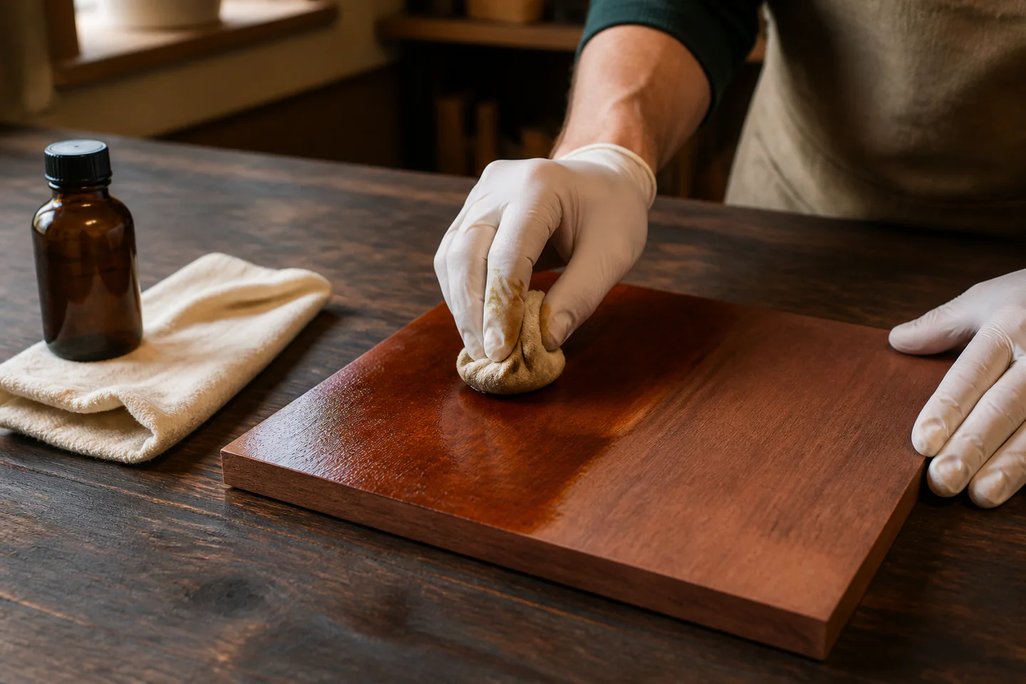 Gloved hands applying shellac with a cotton French-polishing rubber to a small flat mahogany practice board in a ventilated workshop