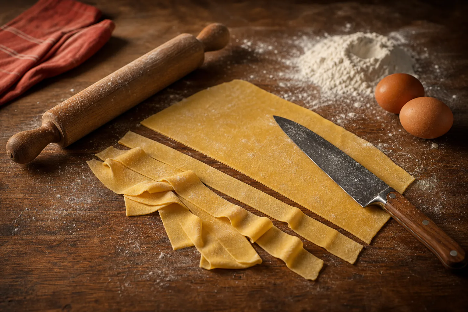 Hands cutting a thin sheet of fresh pasta into ribbons on a wooden board with flour and eggs nearby
