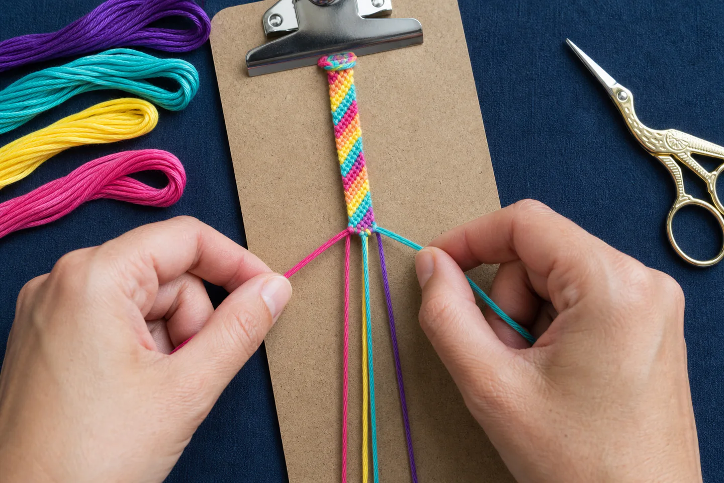 Hands knotting bright embroidery floss into a neat diagonal-stripe friendship bracelet secured on a small work board