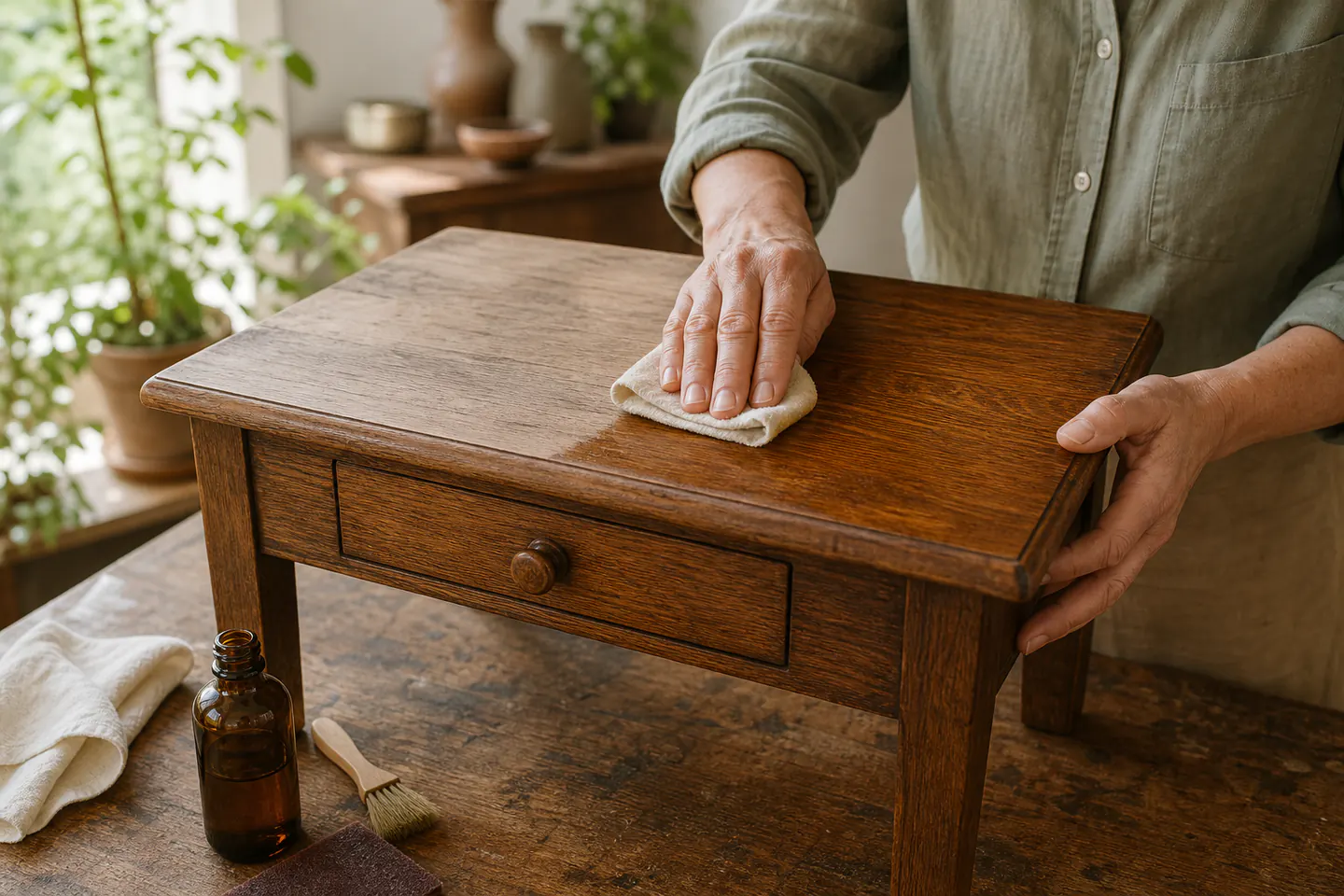Hands gently cleaning and oiling the top of a small worn solid-wood side table in daylight