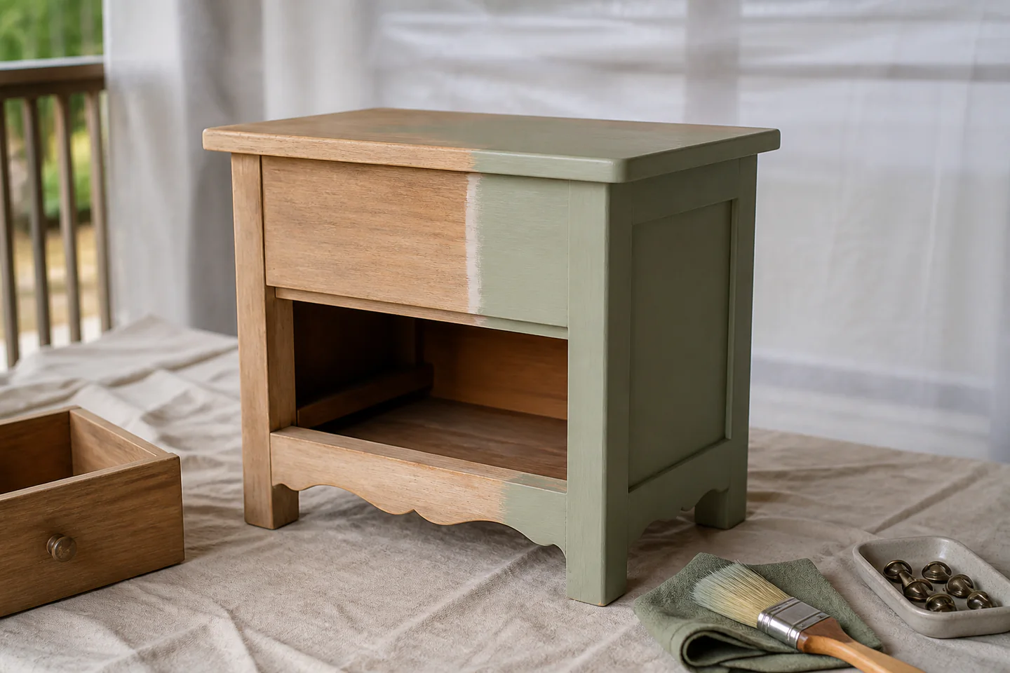 A small wooden bedside table being carefully hand prepared beside a brush, cloth and tin of chalk paint on a protected floor