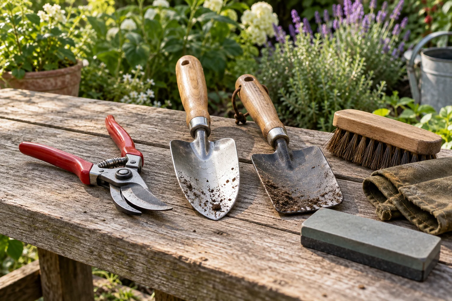 Clean secateurs, trowel and spade on an outdoor bench with brush, oil cloth and sharpening stone