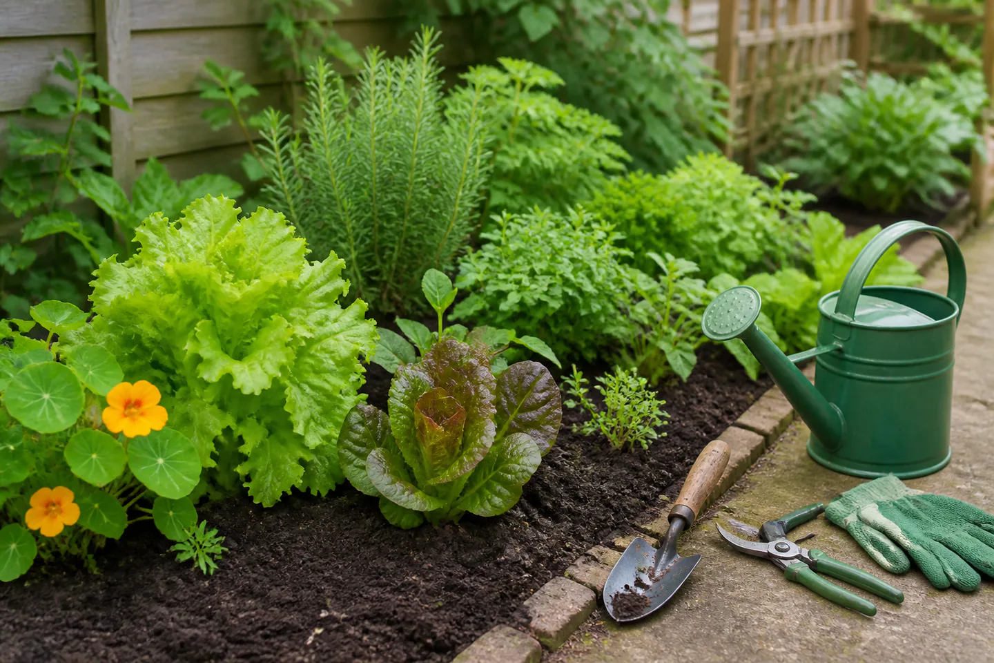 Small mixed beginner garden bed with herbs and flowering plants beside hand trowel, secateurs, watering can and gardening book in soft morning light with no people or text