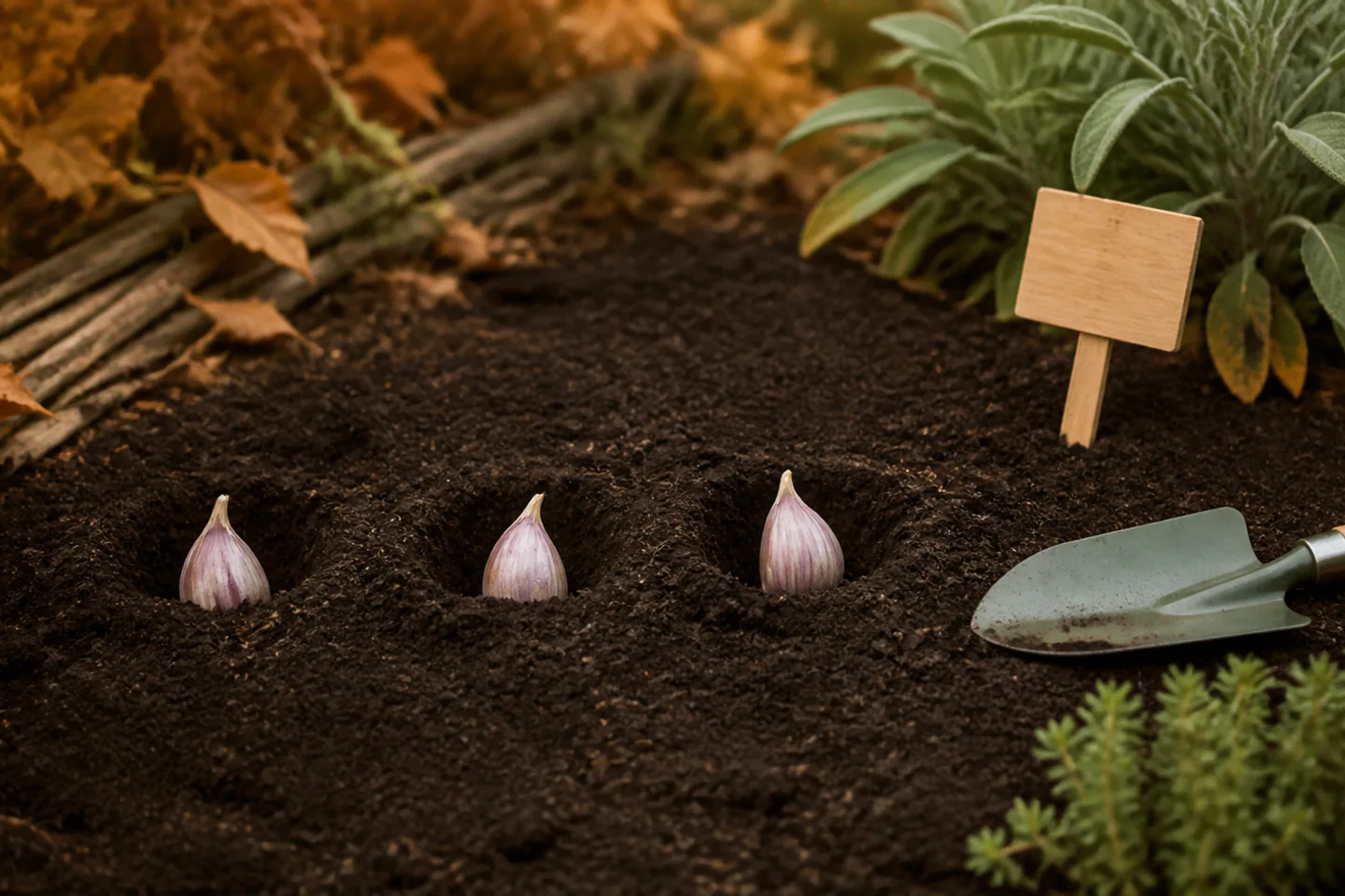 Garlic cloves spaced point-up in a prepared autumn garden bed beside a blank wooden marker