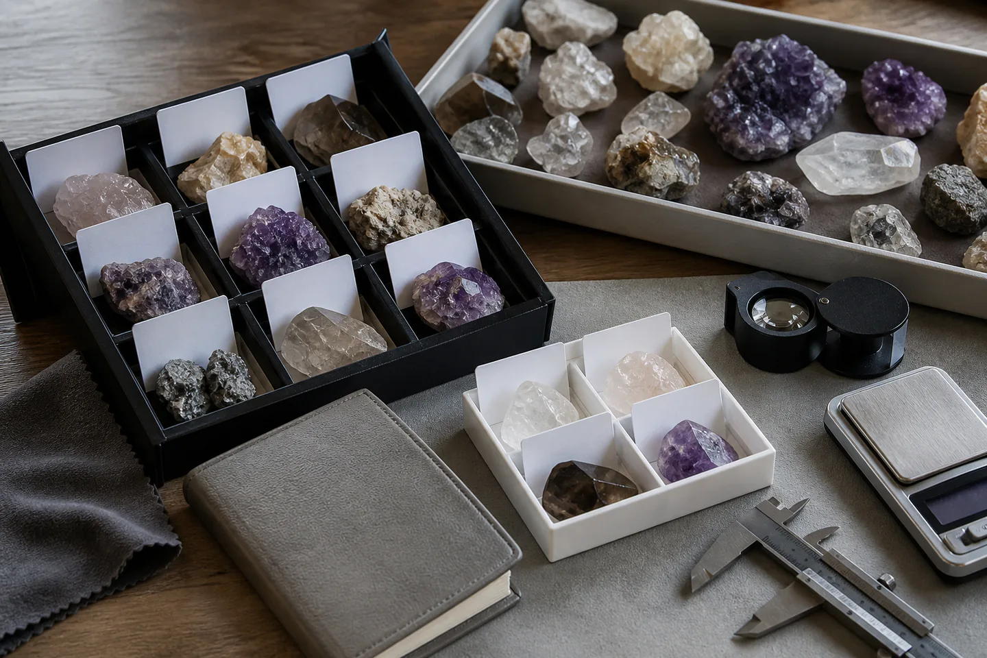 Organised tray of modest natural gemstones and rough crystals with blank cards beside a 10x loupe, small scale, caliper, soft cloth and closed guide